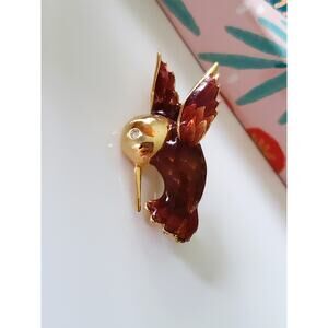 Vintage Red and Gold Tone Hummingbird Brooch